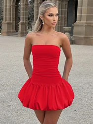 Women's Strapless Sexy Slim Fit Sleeveless Pleated Patchwork MontageSolid Color Dress Summer Beach Club Party Mini Dress New