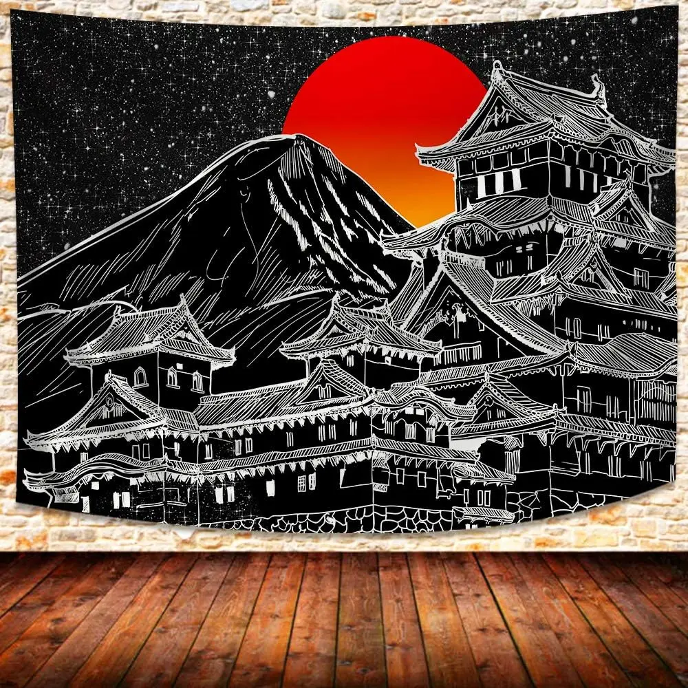 Japanese Tapestry Wall Hanging Mount Fuji Sunset Tapestry Japan Pagoda Red Sun Tapestry Black White Art Blanket for Bedroom