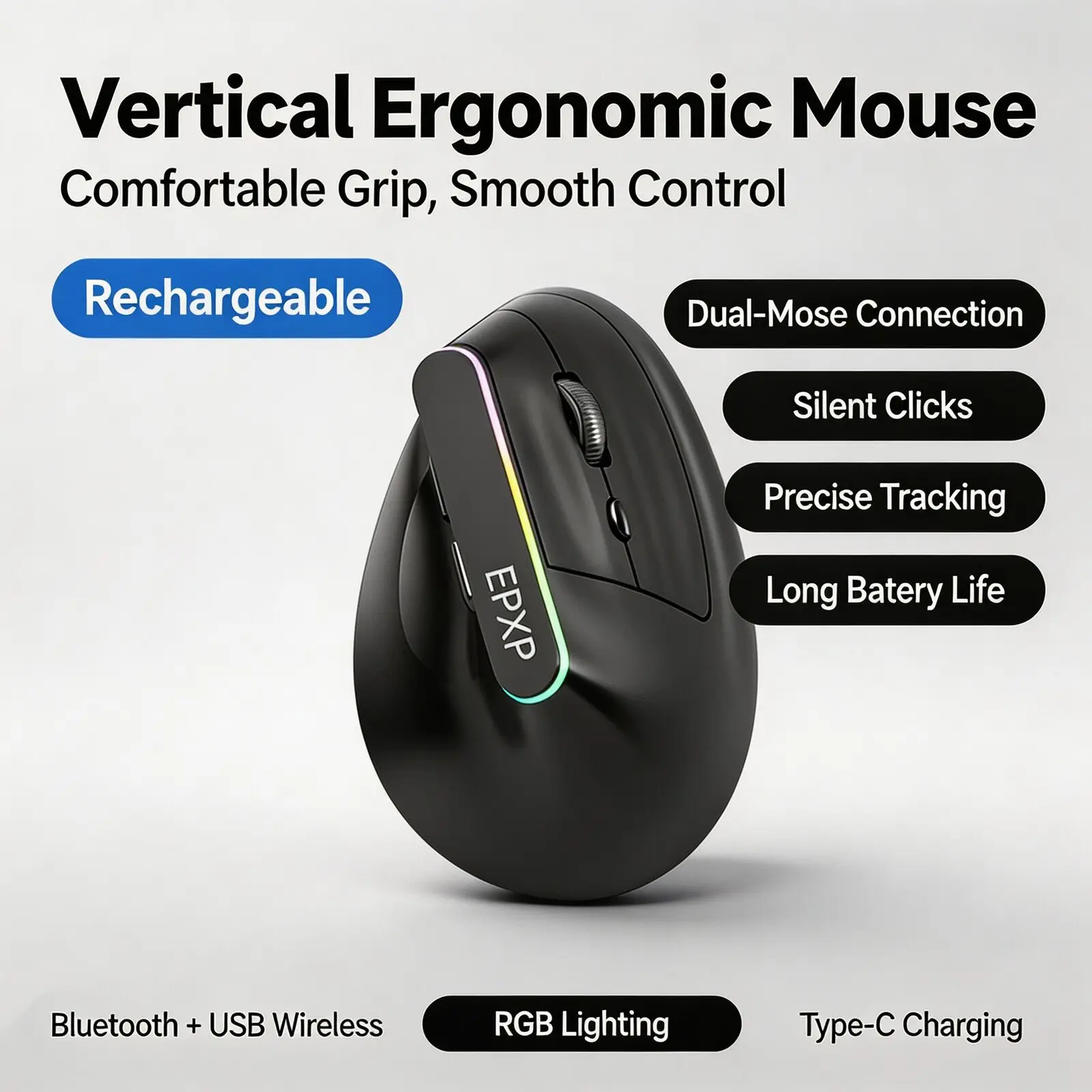Vertical Ergonomic Mouse Bluetooth 5.0 & 2.4G Wireless 3 Gear DPI Silent Clicks RGB Lighting Rechargeable Optical Mice Laptop PC