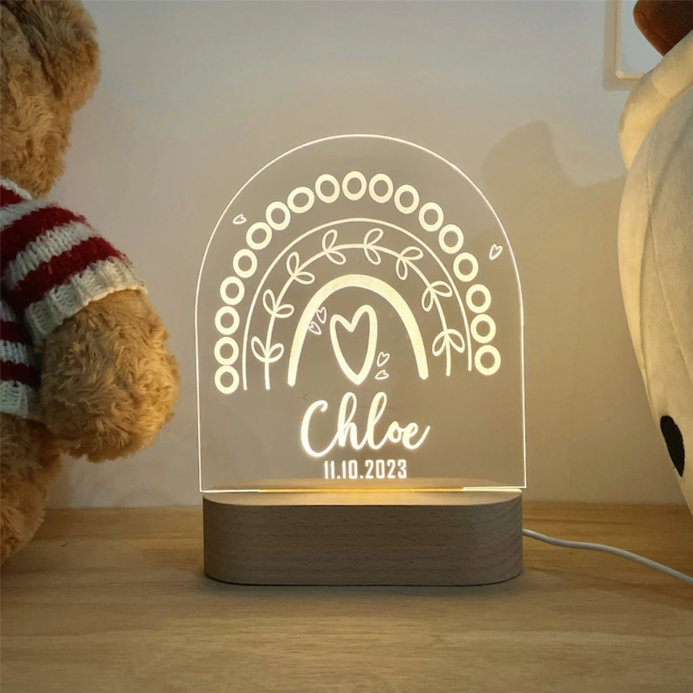 Personalisiertes Regenbogen-Einhorn, LED, USB, 7-Farben-Nachtlicht, individueller Name, Acryllampe, Holzsockel für Baby, Kind, Kinder, Schlafzimmer, Dekoration