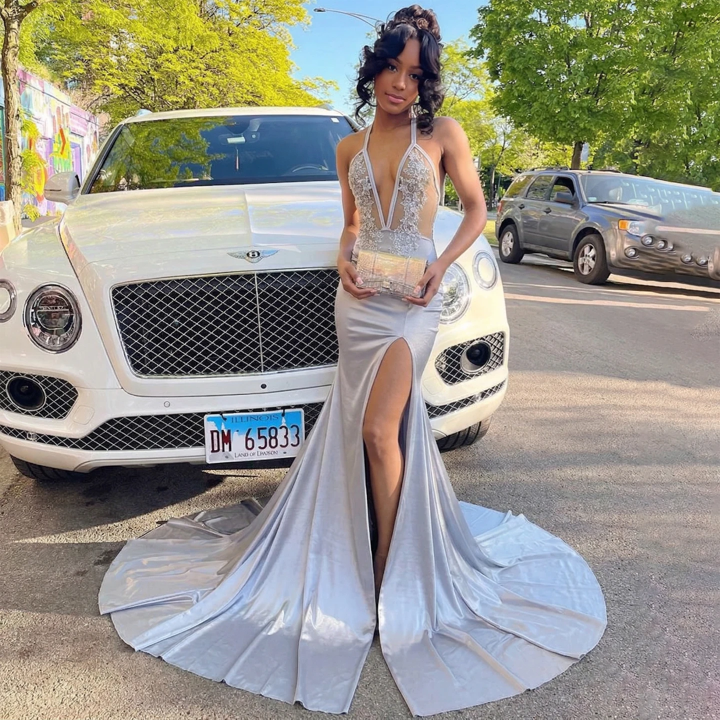 Radia May Customized Sexy See Through Mermaid Prom Dresses Halter Appliques High Split Formal Party Gowns BP056
