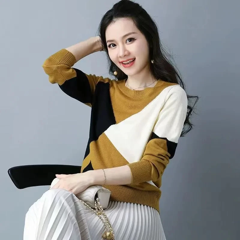 Elegant Fashion O-Neck Splicing Contrast Colors Knitted Pullovers for Women 2023 New Long Sweaters Sleeve Top Women\'s Clothing