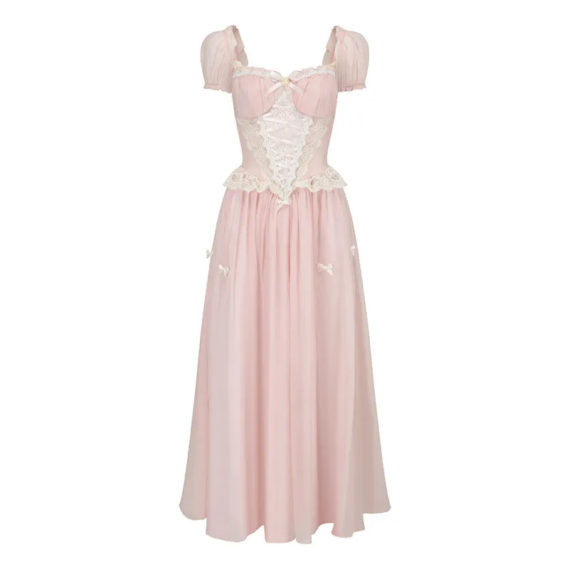 TIYIHAILEY Abito Estivo da Donna, Manica Corta a Sbuffo, Lunghezza Media, Taglie XS-XL, Vintage, Vita Alta, Collo Quadrato, Patchwork in Pizzo, Rosa