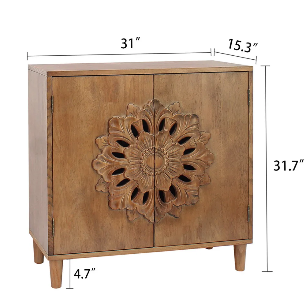 Mobiletto rustico a 2 ante in legno intagliato a mano – Mobiletto portaoggetti con accento Boho con design floreale, credenza in legno massello per soggiorno