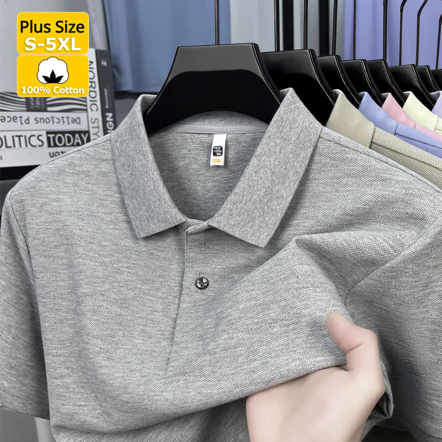 Camisa Polo Masculina 100% Algodão Piquet 220GSM Manga Curta Premium Respirável Lisa Casual Negócios Golfe Verão Até 5XL 18 Cores