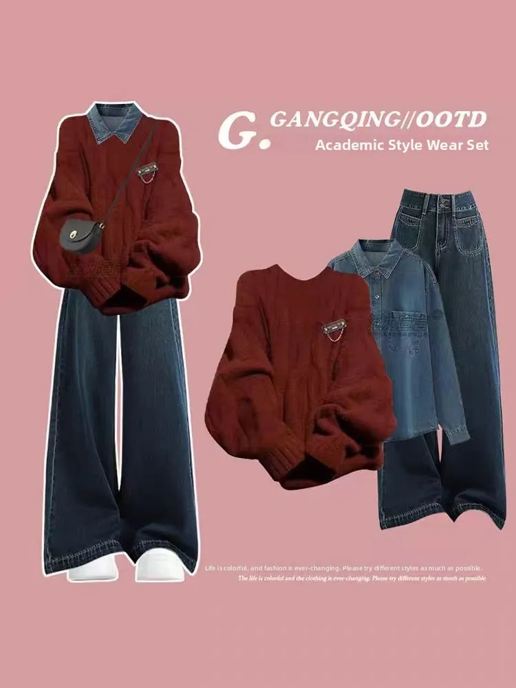 플러스 사이즈 여성용 슬리밍 니트 스웨터 세트 레드 이너 데님 티셔츠 투피스 수트 패셔너블 플러스 사이즈 의류 세트
