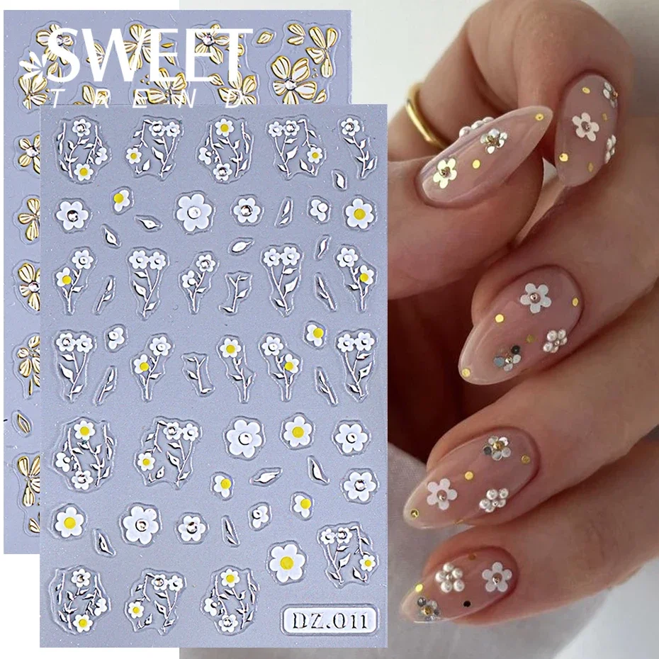 3D Gold Flowers Nail Stickers Bronzing Florals Petals Leaf Daisy Decals Sliders DIY Manicure Self Adhesive Manicure Decoration