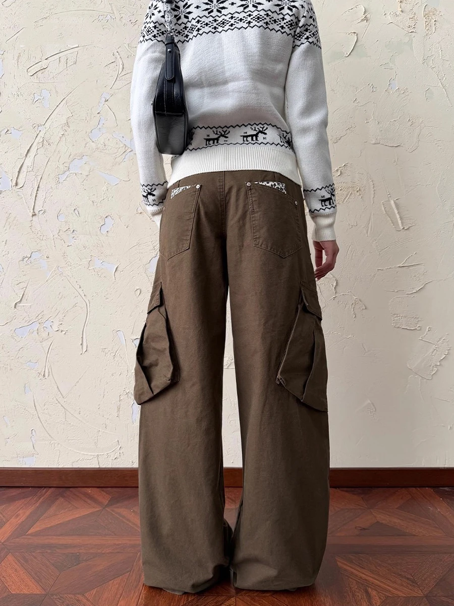 REDDACHiC Women Buttoned Low Rise Cargo Pants Leopard Patchwork Multi-pocket Low Waist Baggy Jeans Harajuku Vintage Streetwear