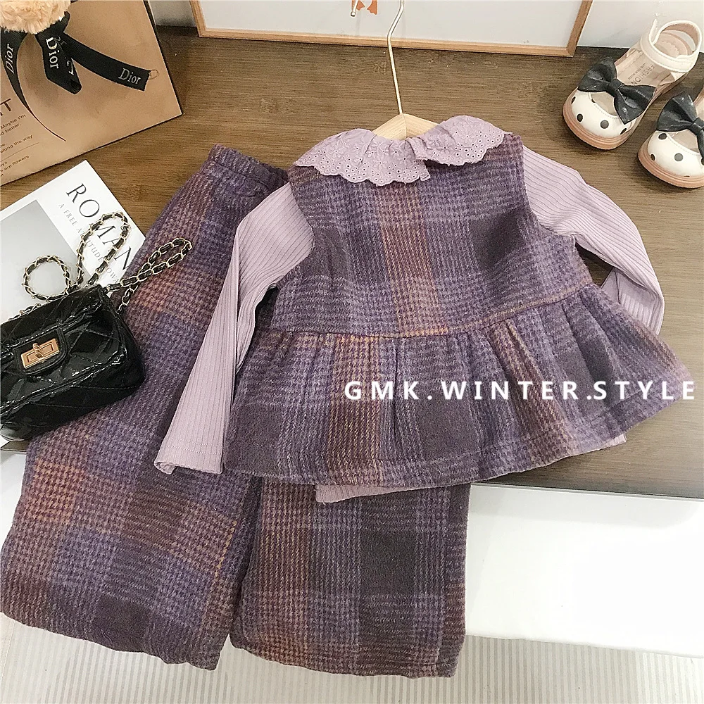 

Girls Suit 2025 Autumn New Children's Clothing Korean Style Girl Baby Lace Bottom Sweater Plaid Three Sets of Casual Simple