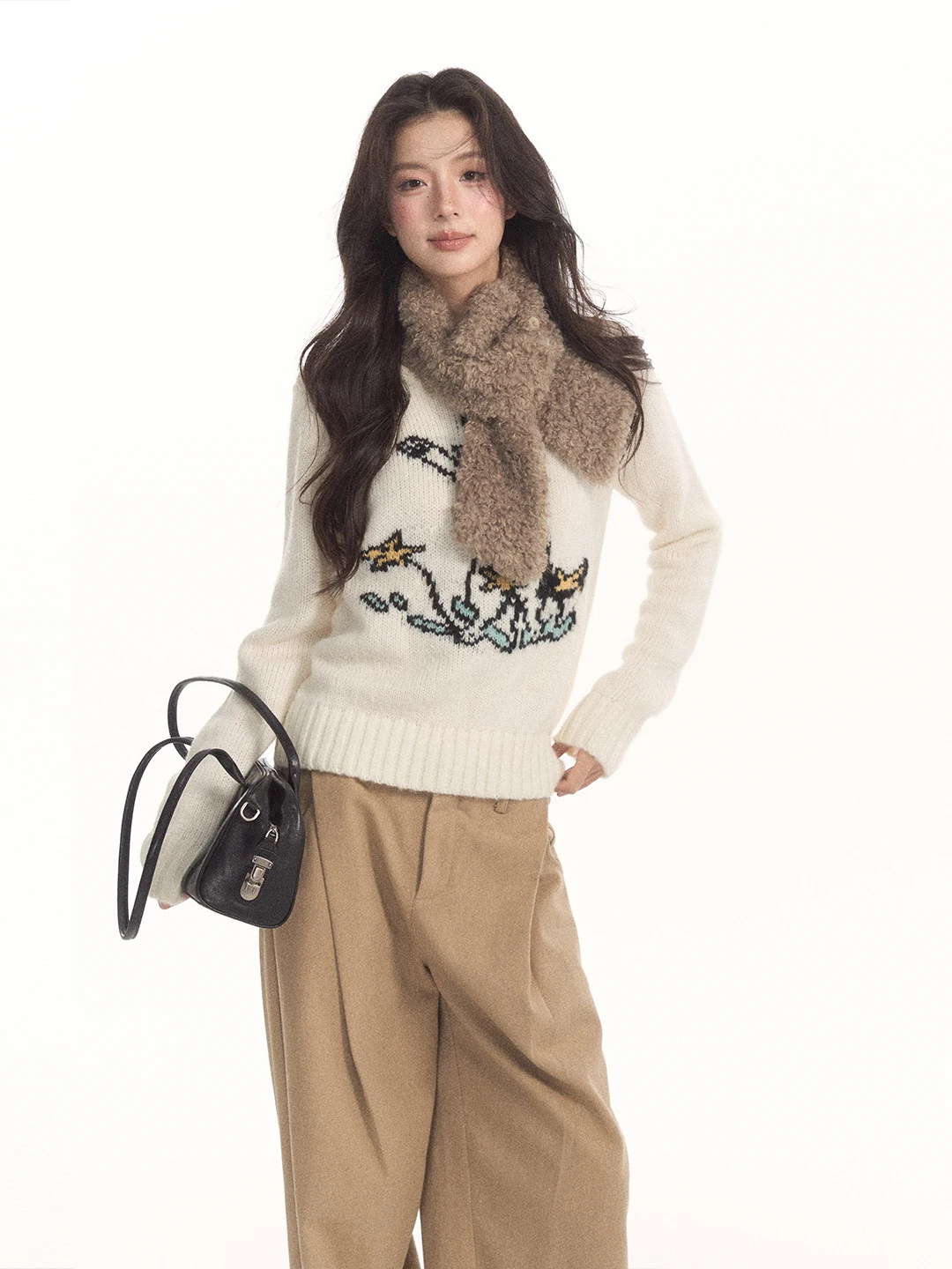 7Shiftin Original Design Star  All-Season Knitted Sweater round Neck Short Style Long Sleeve Casual Fashion Basic Match
