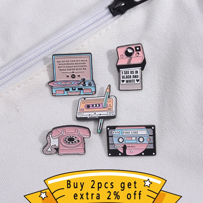 Retro Gramophone Enamel Pins Cartoon Fine Line Tape Camera Phone Brooches Lapel Badges Funny Jewelry Gift For Best Friend image 2