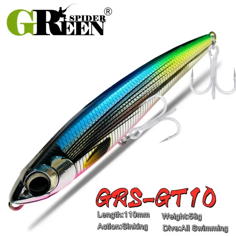 GREENSPIDER para GT atún pesca en el mar señuelos nuevo lápiz señuelo de pesca hundimiento 110mm 60g gran juego cebo duro Artificial 4X gancho