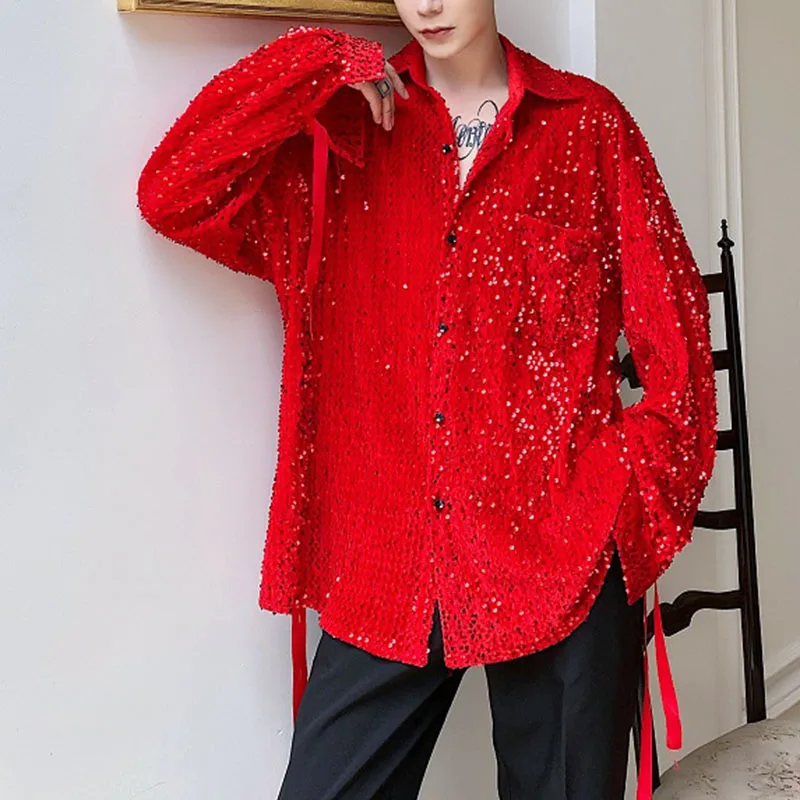 Fashion Street Shirts Retro Sequin Fringe Stage Show Dresses Personal Trends Shiny Sequins Reflective Men's Shirts Long Sleeves