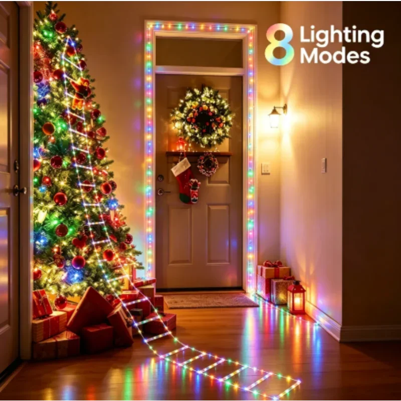 Santa Claus Ladder LED String Lights Hanging Christmas Festive for Window Patio Indoor Outdoor Holiday Party Decor Garden