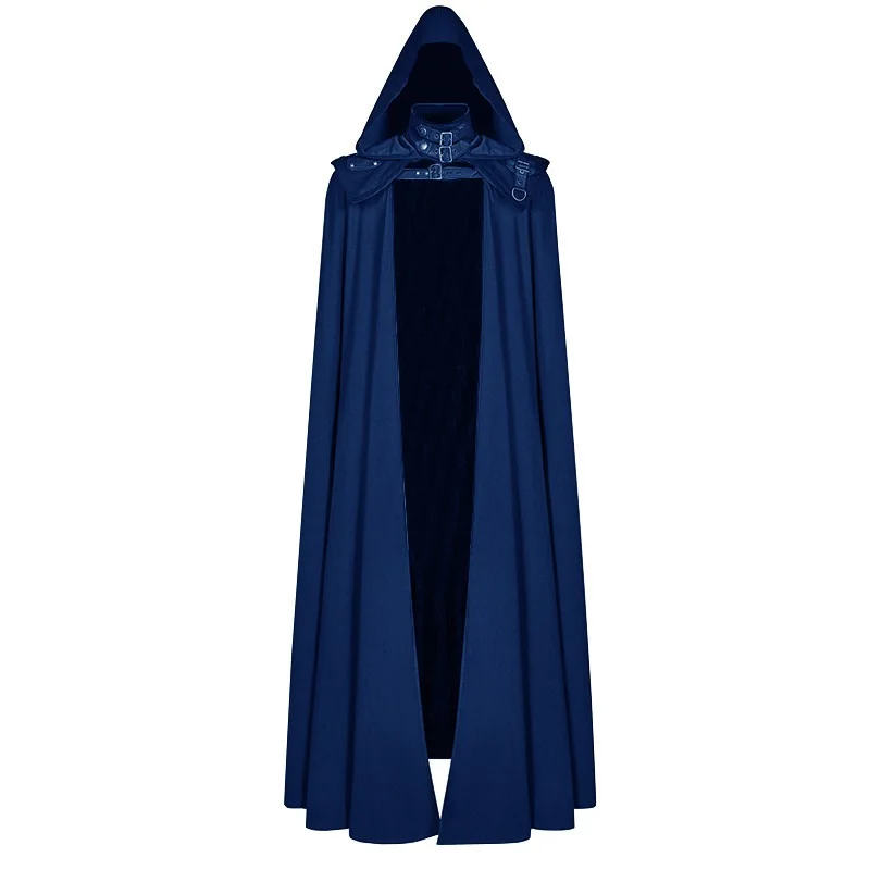 Mantello medievale cappotto con cappuccio da uomo killer Costume Cosplay Vintage Gothic Buckled Stand Collar spalla in pelle cavalieri Maxi Cape