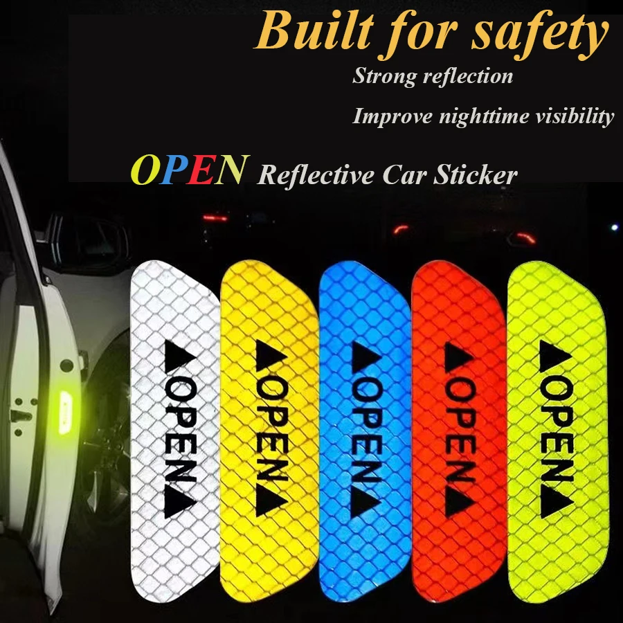 4 PCS/Set Car Open Reflective Stickers Tape Warning Mark Night Driving Safety Lighting Luminous Decor Auto Door Stickers