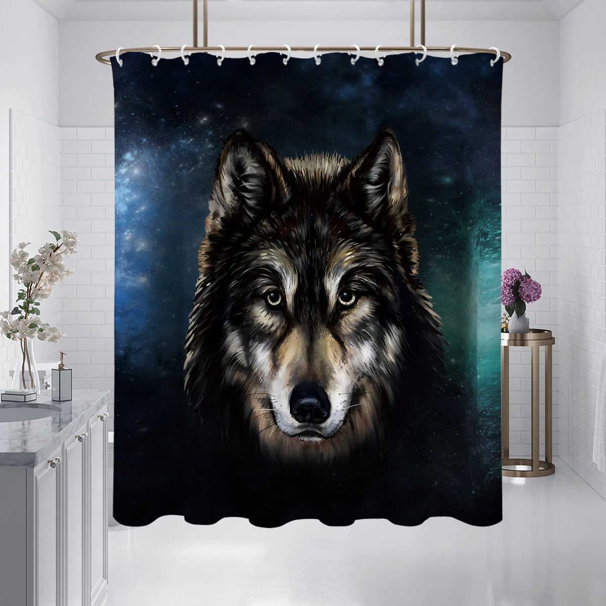 1 piece of 180x180cm starry sky and wolf print shower curtain, partition bathroom waterproof and mildew proof home decoration