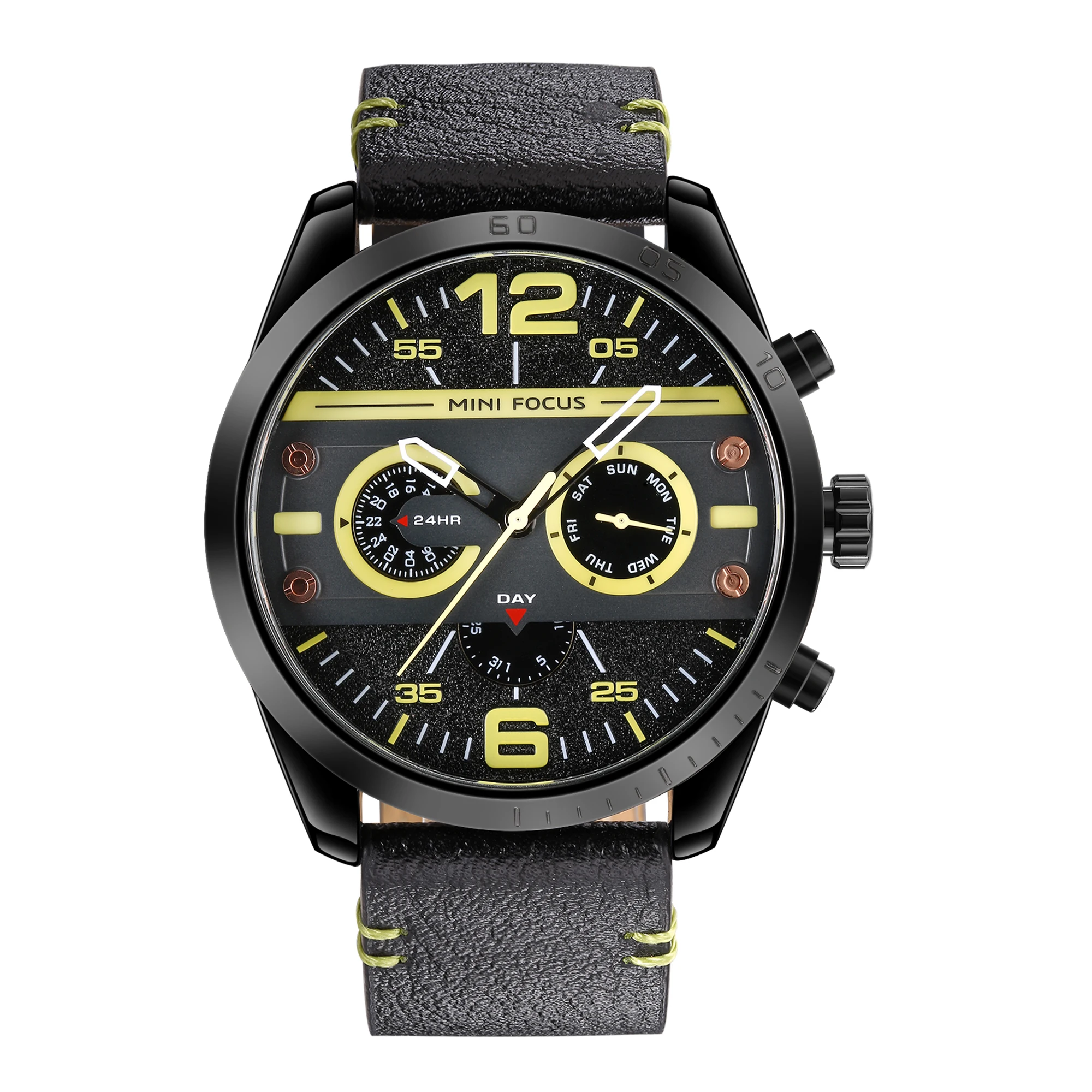 Mini Focus MF0068G Sports Quartz Watch Stylish Design Leather Strap Waterproof Chronograph Multifunctional Men Dress Watches