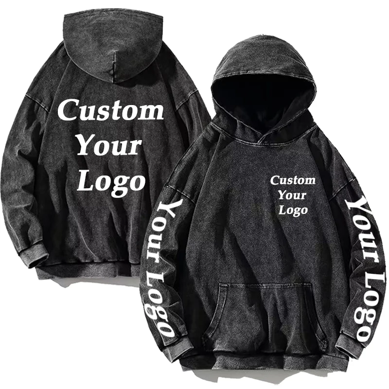 2024 Custom Hoodies Pattern Logo/Text Print Men Women Winter Cotton Sweatshirts Vintage Washed Oversized Loose Pullover Tops