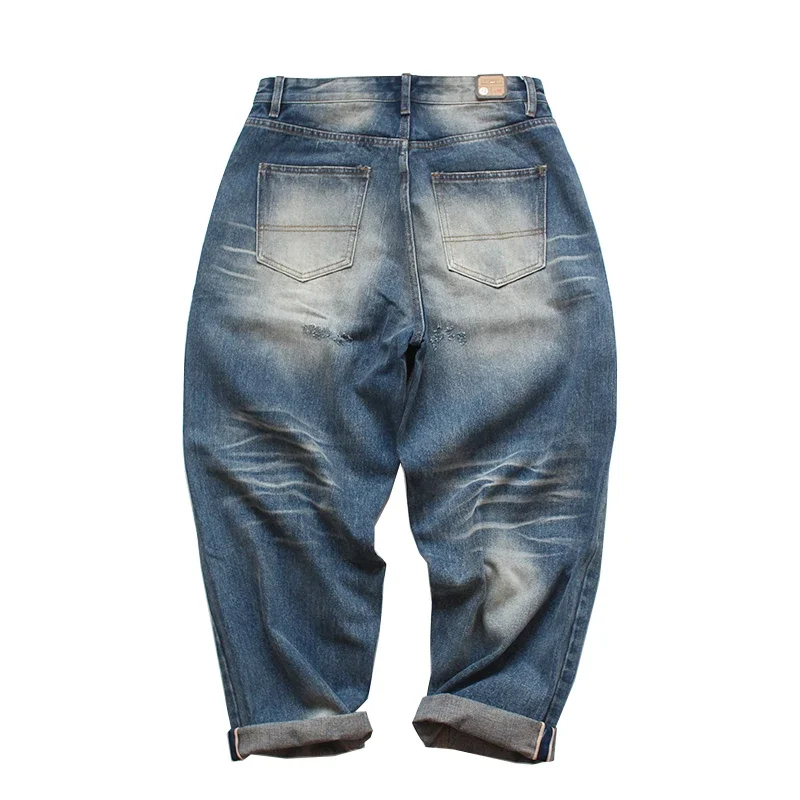 

Heavyweight Blue Edge Red Ear Denim Ripped Patch Loose Straight Leg Ami Kakiji Red Ear Jeans Men's Tide