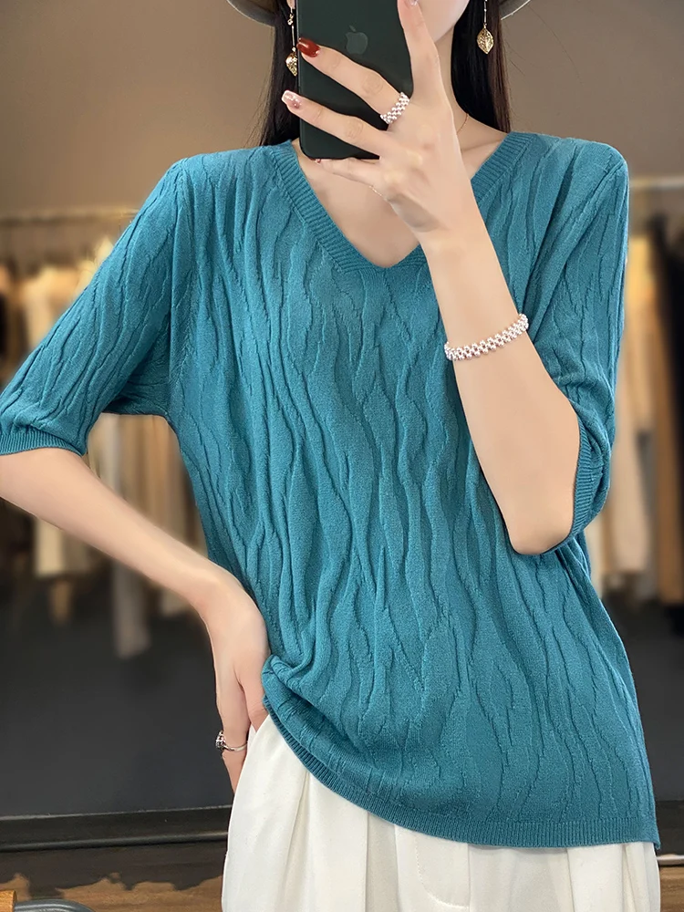 

2024Spring and Autumn Knitwear V-neck Casual Loose Fashion Slimming Versatile Elegant Women's Knitwear