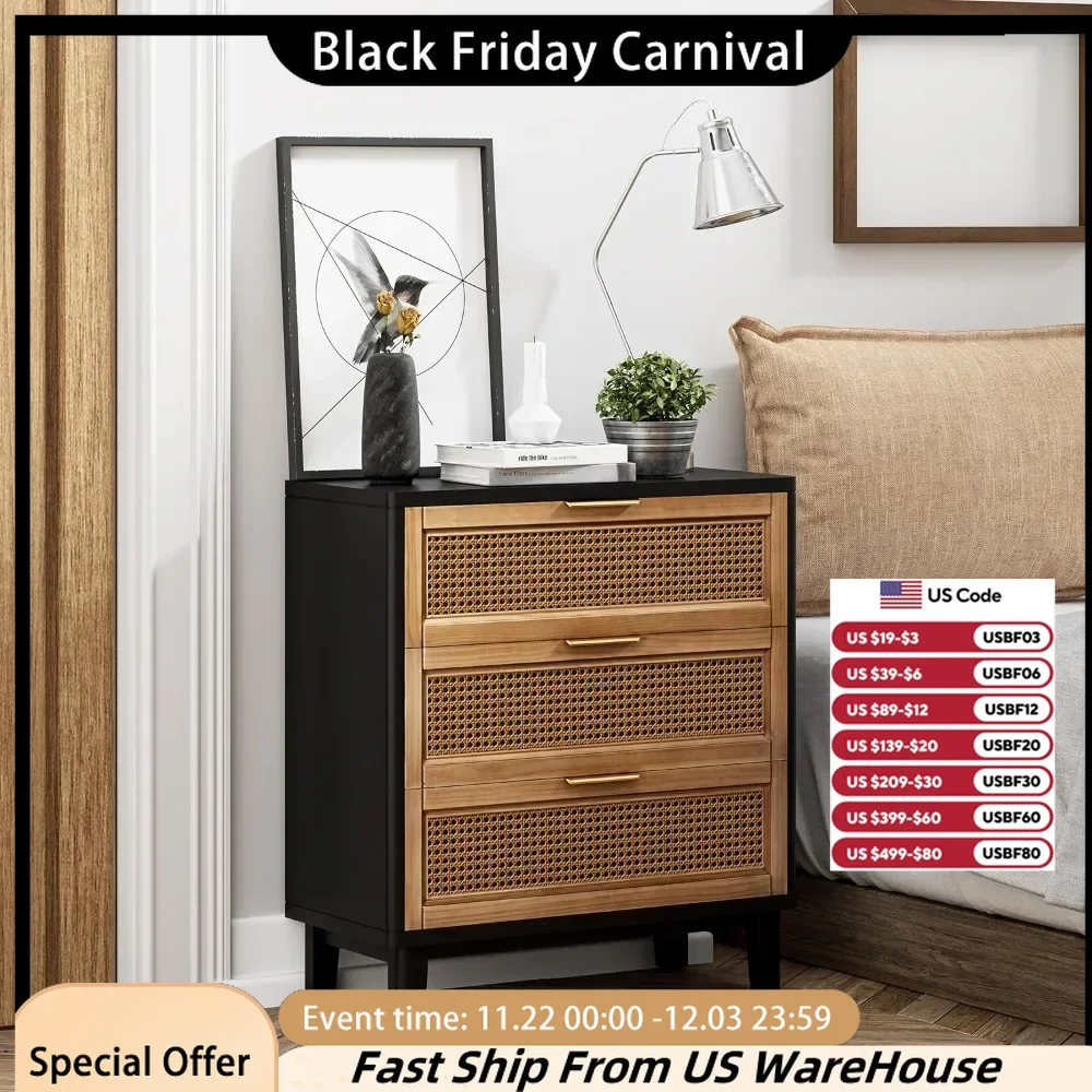 Farmhouse 3-drawer Bedside Table, 2-piece Woven Wicker Front Decorative Cabinet with Brass Handles, Fully Assembled, Black