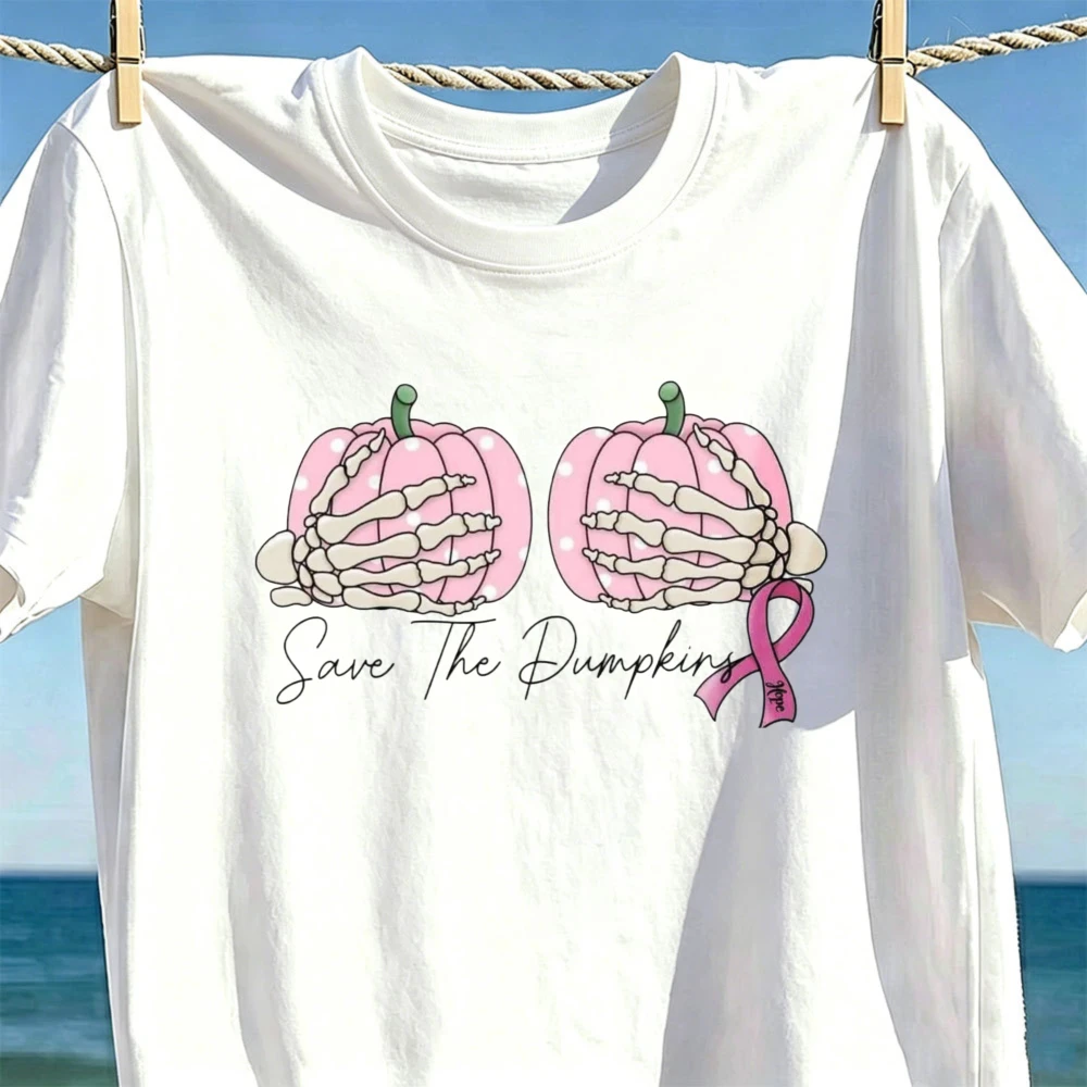 Save The Pumpkins Breast Cancer Unisex Tee Trendy Cotton T‑Shirt Skeleton Pink Ribbon Short Sleeve Tops October Event Casual Tee
