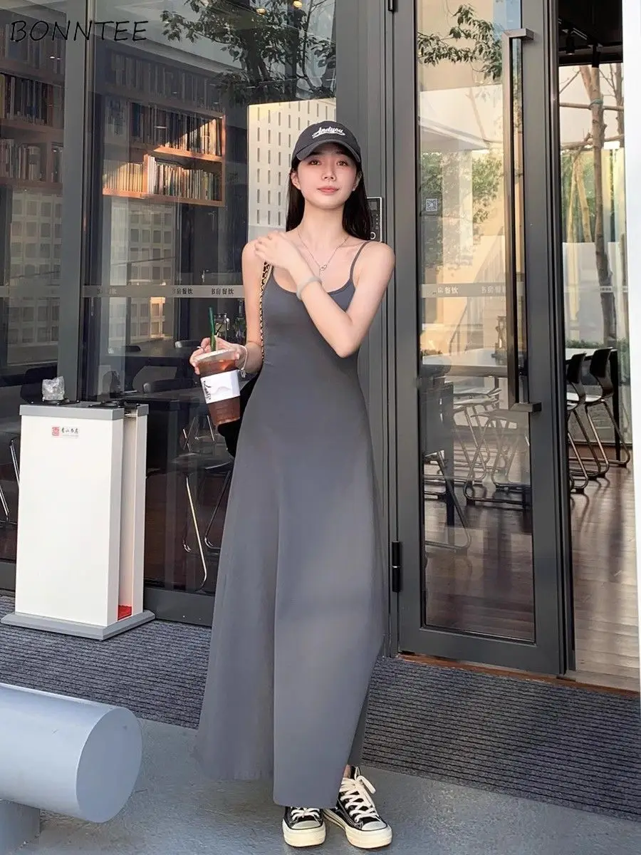 

Midi Dress Women Sleeveless Minimalist Ulzzang Sexy Stylish All-match Vintage Streetwear Aesthetic Off Shoulder Skin-friendly