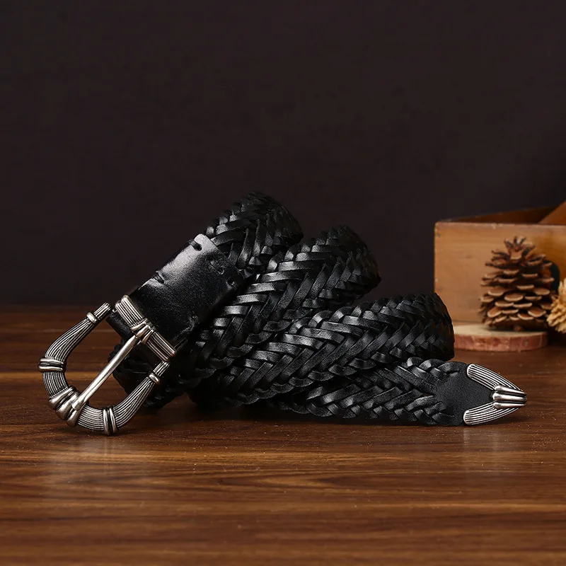 3cm Woman Hand Woven Genuine Leather Buckle Belt,Women's Pure Cowhide Weaving Fashionable Personalized Trendy Jeans waist Belt