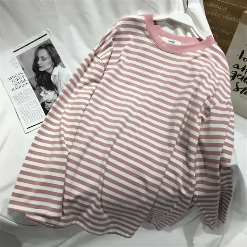 Stripe T Shirts Womens Medium-long Casual TShirt O-neck Tops Korean Streetwear Oversized Women Clothes 2023 Fashion Sweatshirt