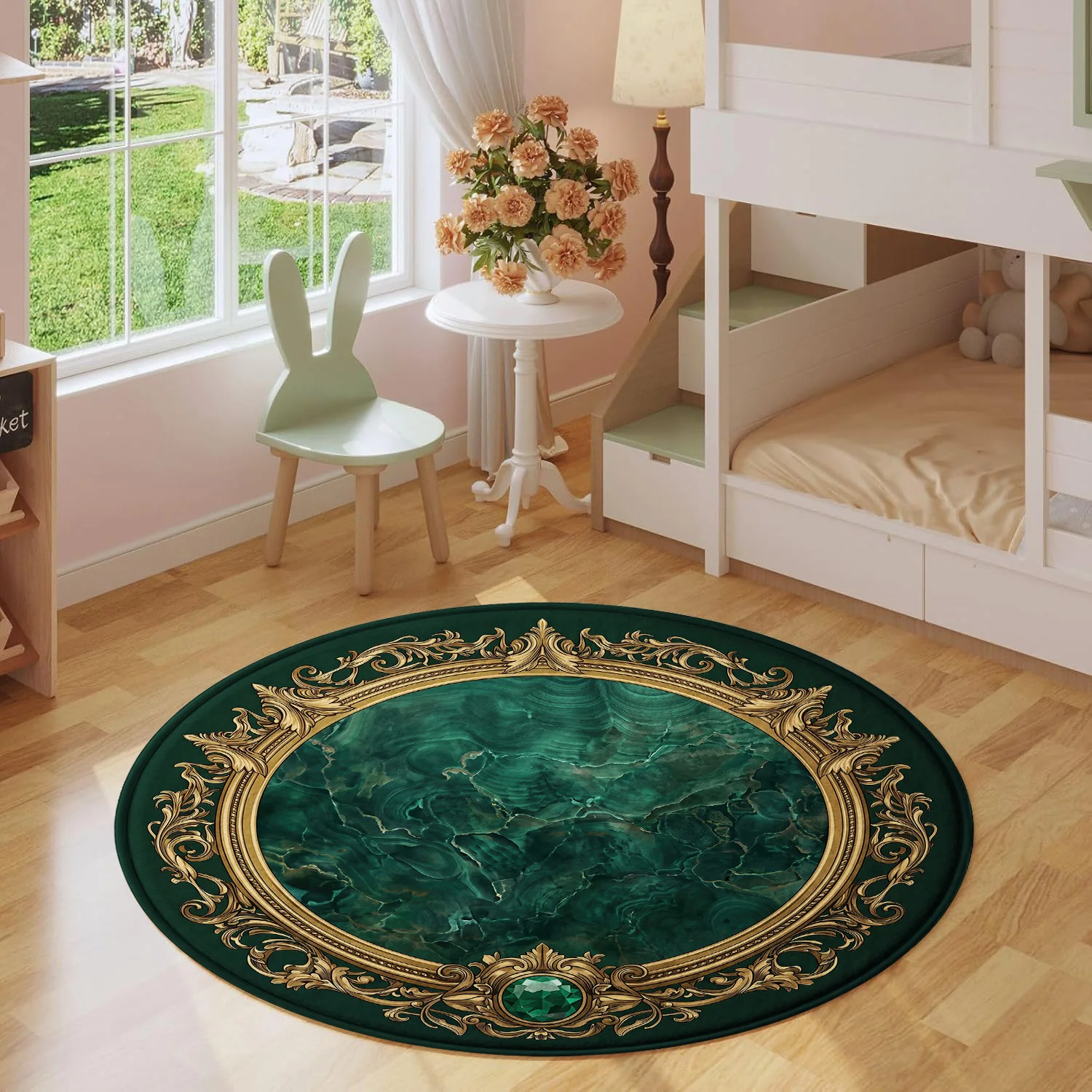Vintage Emerald Green & Gold Ornate Round Area Rug, Luxury Marble Pattern Floor Mat for Entryway or Living Room Decor
