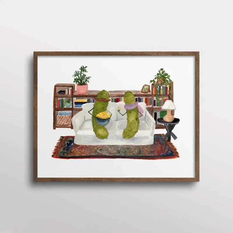 Framed Whimsical Pickles Funny Canvas Painting Watching TV Eating Popcorn Watercolour Poster Kitchen Decor Vintage Wall Art