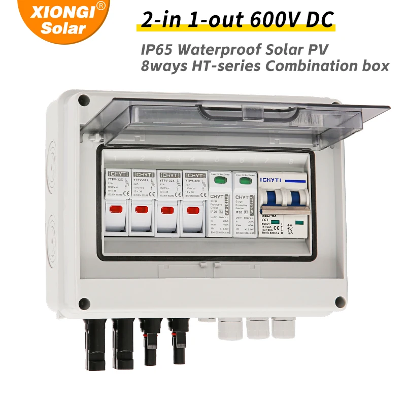 Solar photovoltaic PV Combiner Box With Lightning Protection 2 input 1 out DC 600V Fuse MCB SPD Waterproof Box IP65