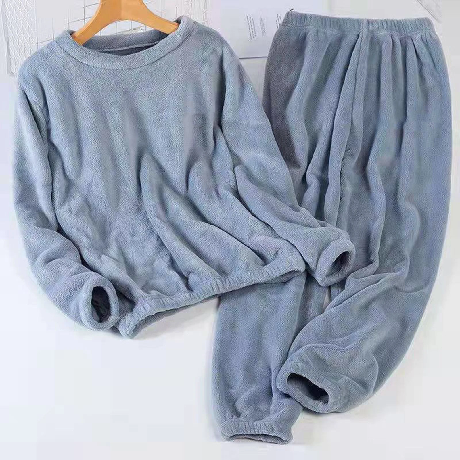 Winter Warm Flannel Pants Pajama Sets Solid Color Pullover Round Neck Pajamas for Casual Household Wear