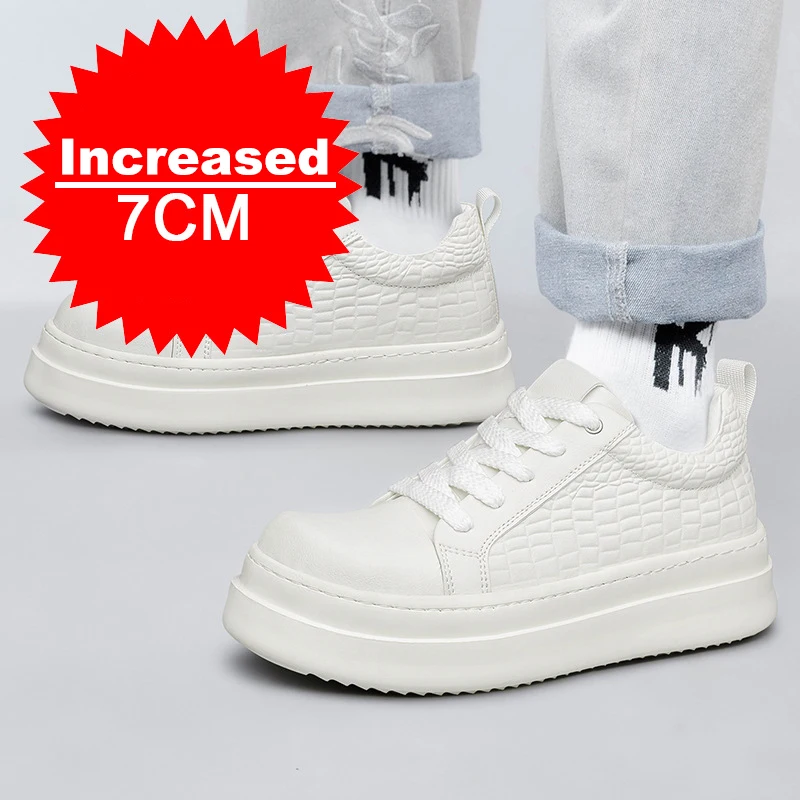 New Men Invisible Height Increasing Elevator Shoes Lace-up Sporty White Sneakers 6cm 8cm 10cm Taller Size Plus Invisible Elevate