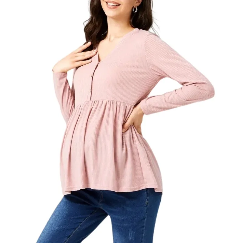 

Новый простой натуральный однотонный топ для беременных с длинными рукавами и v-образным вырезом для кормления грудью, свободная удобная верхняя одежда, футболка