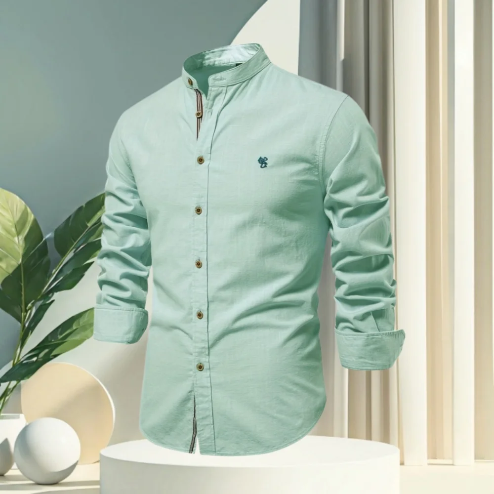 

Men's new spring/summer trendy business shirt with stand-up collar, casual and fashionable plain-colored long-sleeved shirt