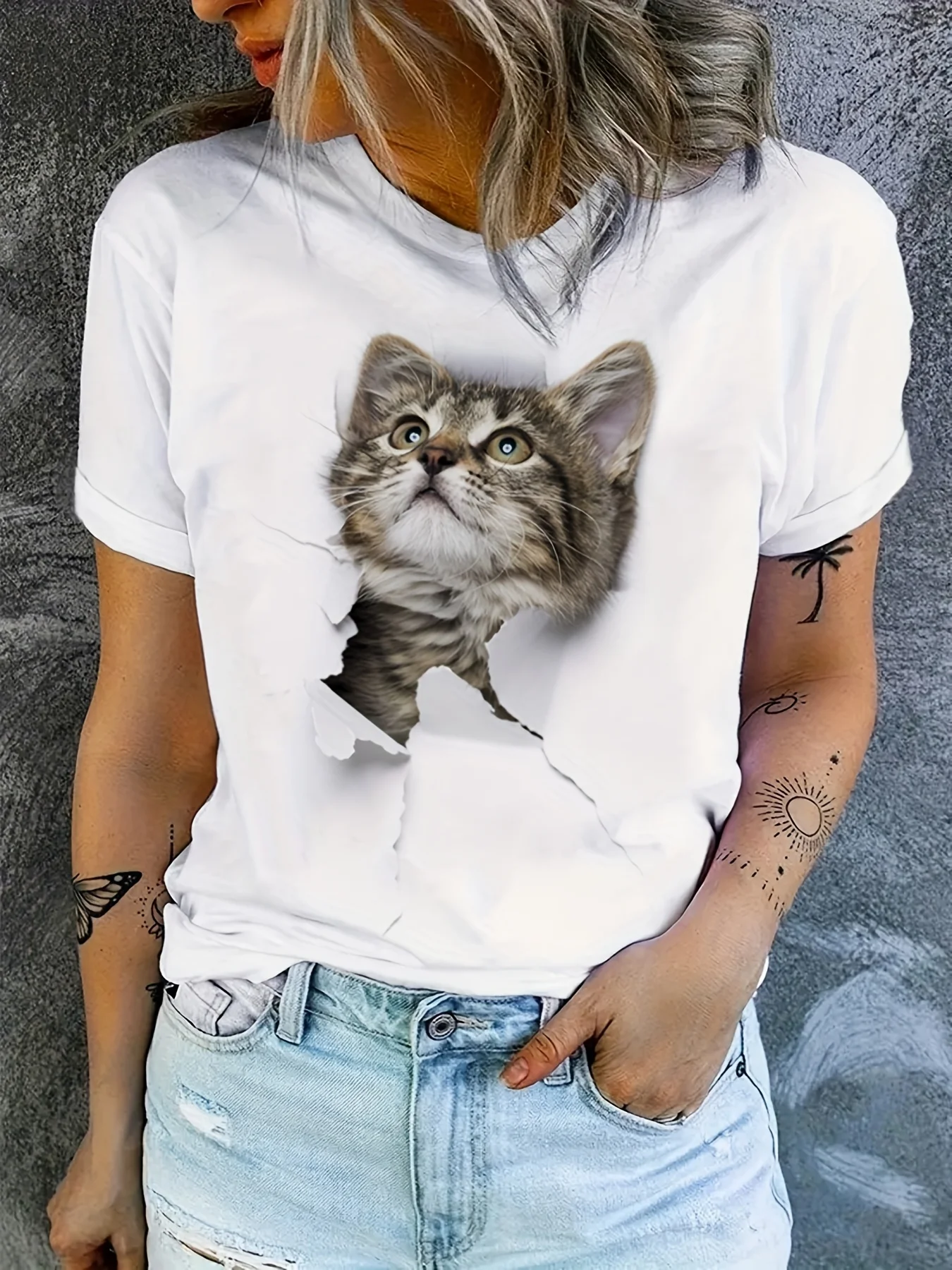 Casual Every Day Tops Women's Clothing Cute Cat Print T-Shirt Crew Neck Short Sleeve T-Shirt