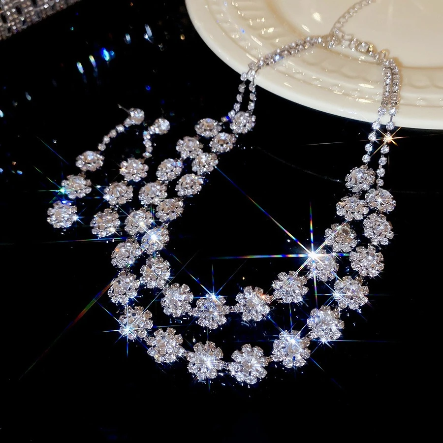 2 Pcs Shimmering Flower Rhinestones Chokers Necklaces for Women Double-layer Clavicle Chain Drop Earring for Party Wedding Set A