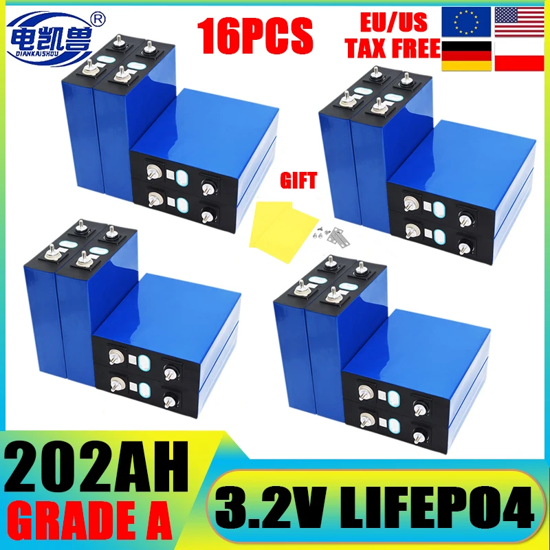 

16PCS Lifepo4 3.2V 202Ah 150Ah 310Ah 280Ah 320Ah 105Ah Grade A DIY 12V 24V 48V Rechargeable Lithium Battery For EV RV Golf Car