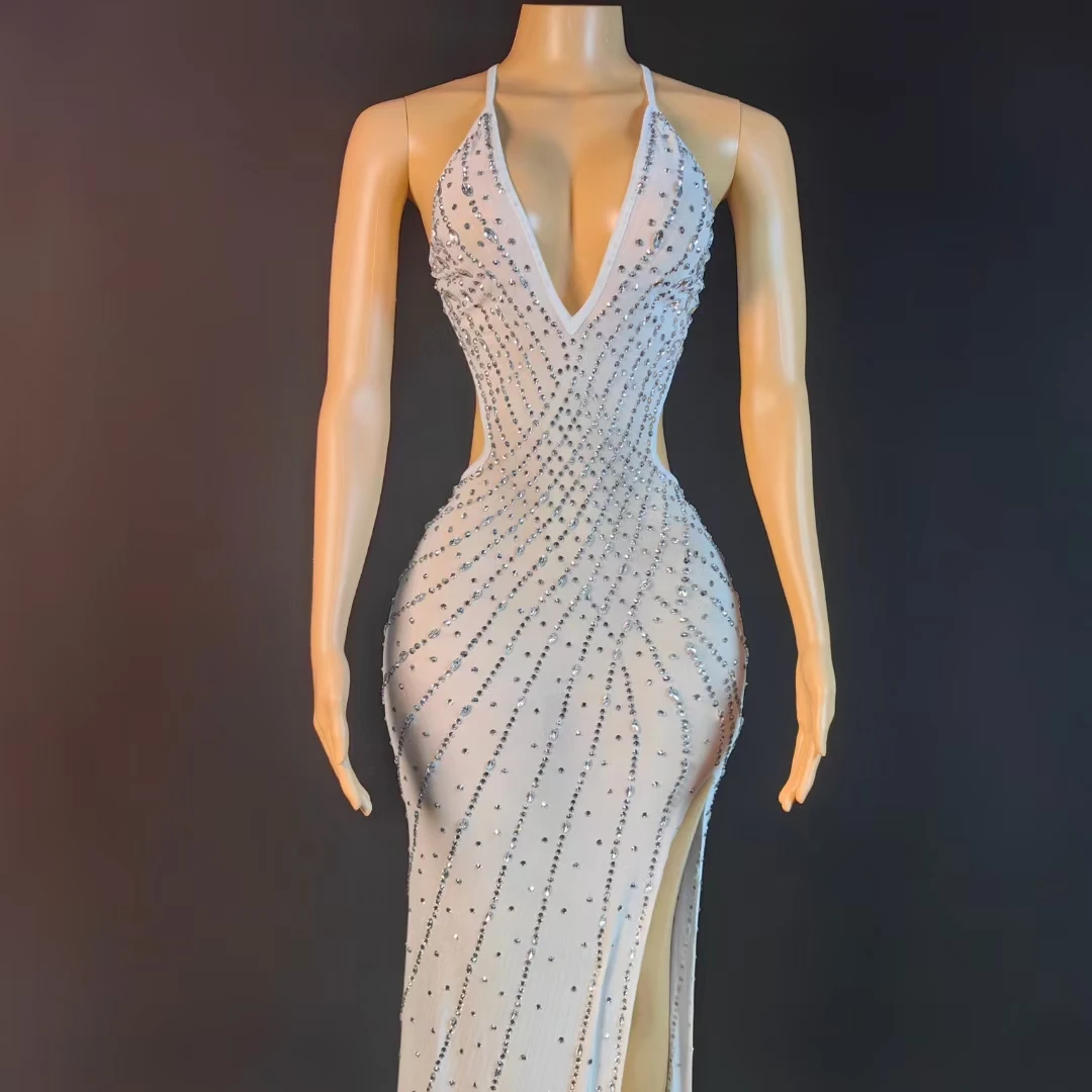 Luxurious Crystals Rhinestones Evening Gown Celebrate Birthday Floor-length Dress Women's Sexy Photo Shoot Wear Evening Dress