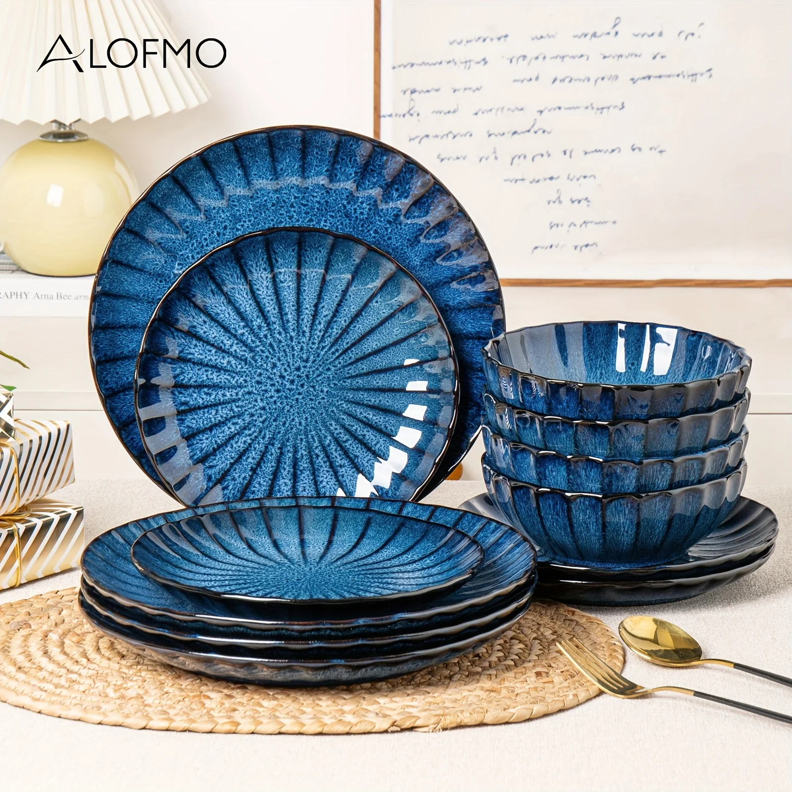 

ALOFMO 12pcs Starry Blue Striped Ceramic Dinnerware Set - Blue Reactive Glaze Stoneware Plates, Salad Plates & Bowls, Scratch-Resistant & Microwave/Dishwasher Safe, Elegant Deep Blue Dinnerware for Weddings, Parties, Everyday Use (