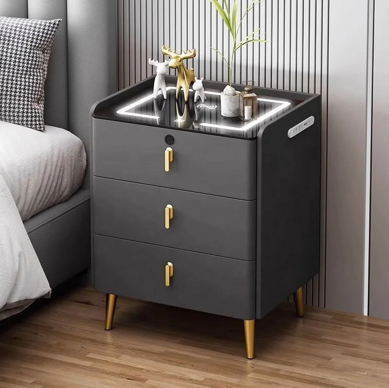 *- Factory Direct Sale Custom Modern Solid Wood Smart Nightstand Wireless Charging And Tri-color