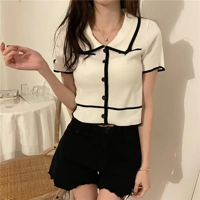 2023 Summer Han Reducing Age Outer Wear Cardigan Striped Contrast Short Sleeve Polo Neck Short Top Knitted Cardigan Crop Top