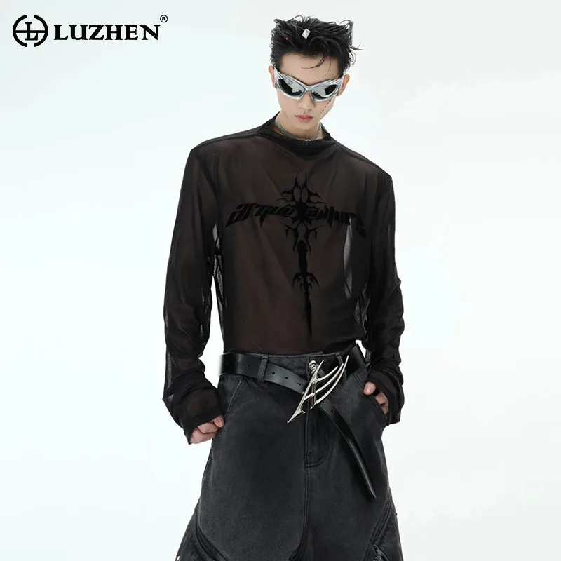 LUZHEN 2025 Spring New Original High Street Transparent Design Round Neck T-shirts Men's Fashion Long Sleeve Casual Tops LZ8423