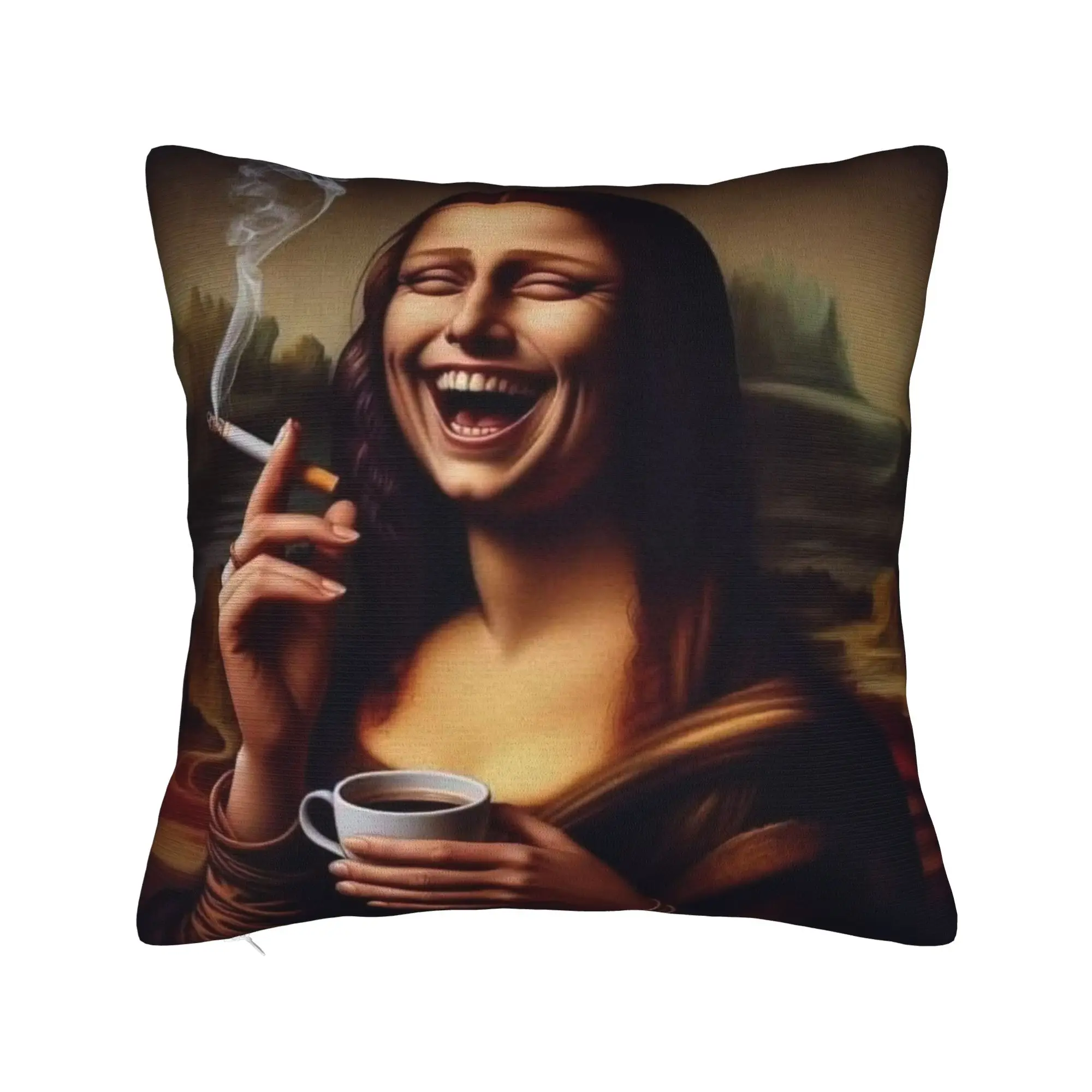 Funny Smoking Coffee Mona Lisa Pillow Cover  Fashion Pillow Case For Sofa Bedroom Home Decor Comfy Pillowcases Gift Idea