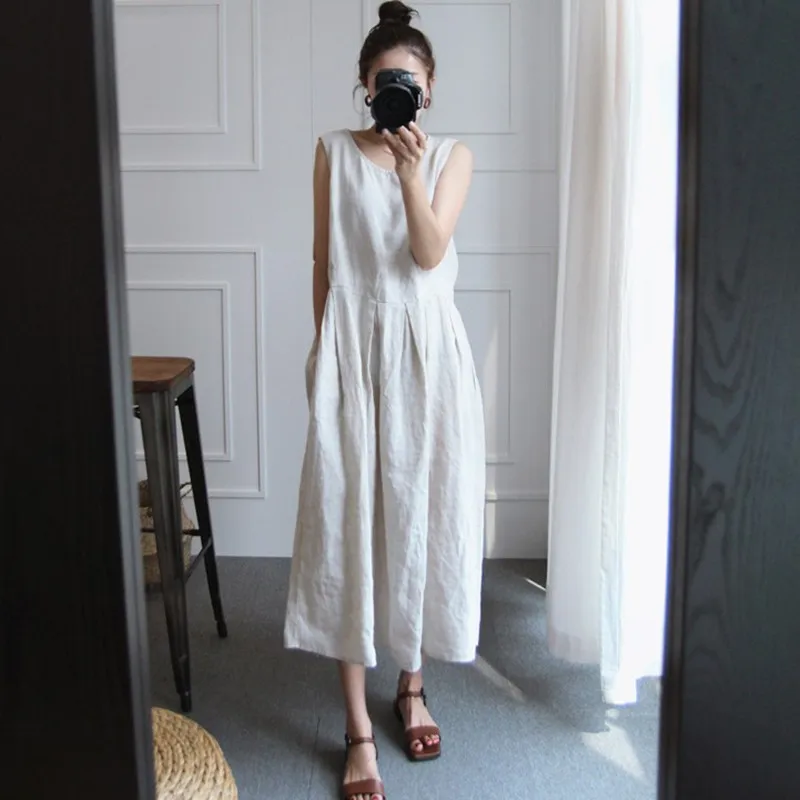 

Johnature Summer New Sleeveless Large Size Vintage Women Dresses 2025 Loose Casual Korean Solid Color Female Dress