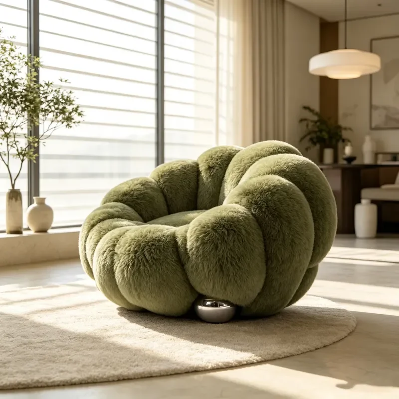 Green Flower Shaped Plush Decorative Chair Casual Single Sofa with Metal Spherical Base for Home Decoration