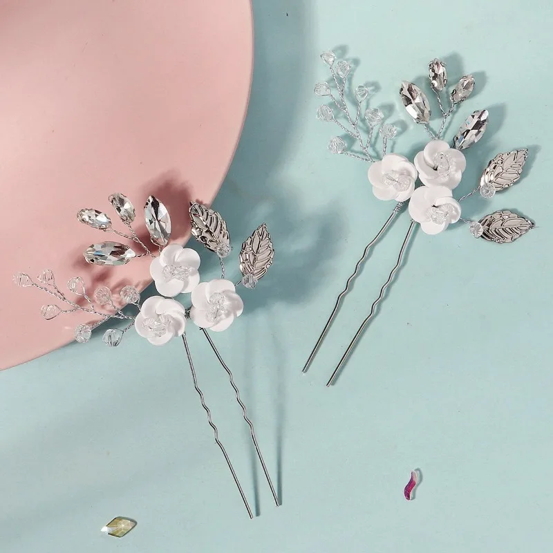 

European and American handmade ceramic flower hairpin retro wedding dressing flower rhinestone needle girl Headwear