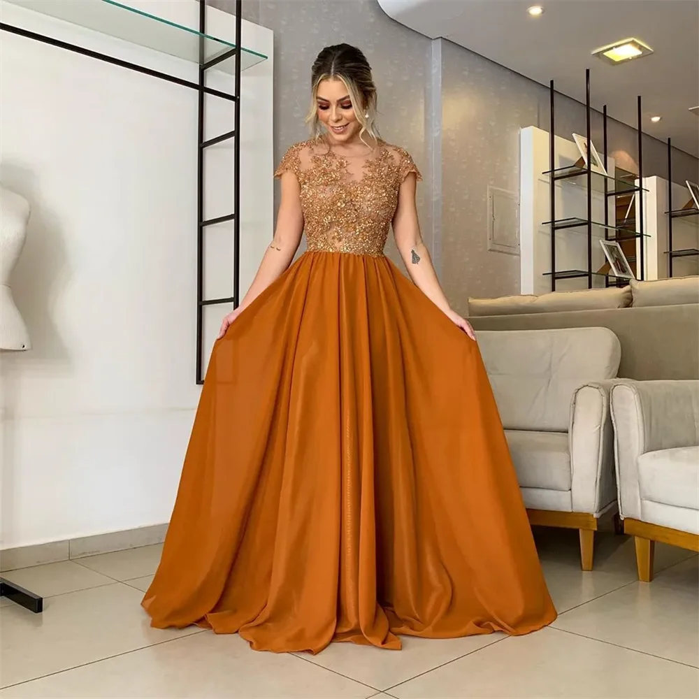 Chiffon Prom Vestidos com Jewel Neck, manga curta, ocasiões especiais Vestidos, botão de volta, uma linha, Ilusão